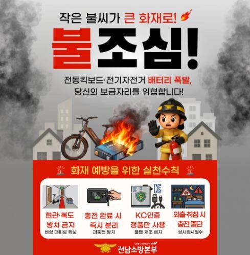 전남소방본부, 주거시설 내 전동킥보드·전기자전거 배터리 화재 잇따라… 각별한 주의 요구
